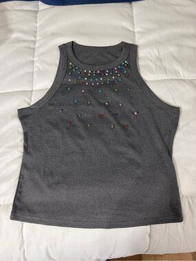 Gray Sleeveless Tank Top with Multicolor Studs